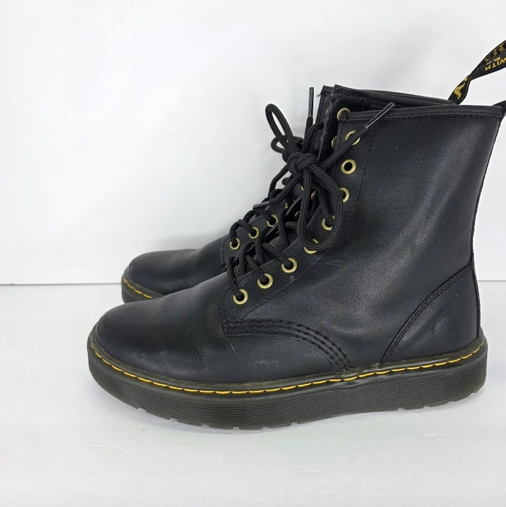 Dr. Martens Zavala Combat Boots Unisex Black Leather Yellow Stitching Size M7 W8 - Picture 3 of 16